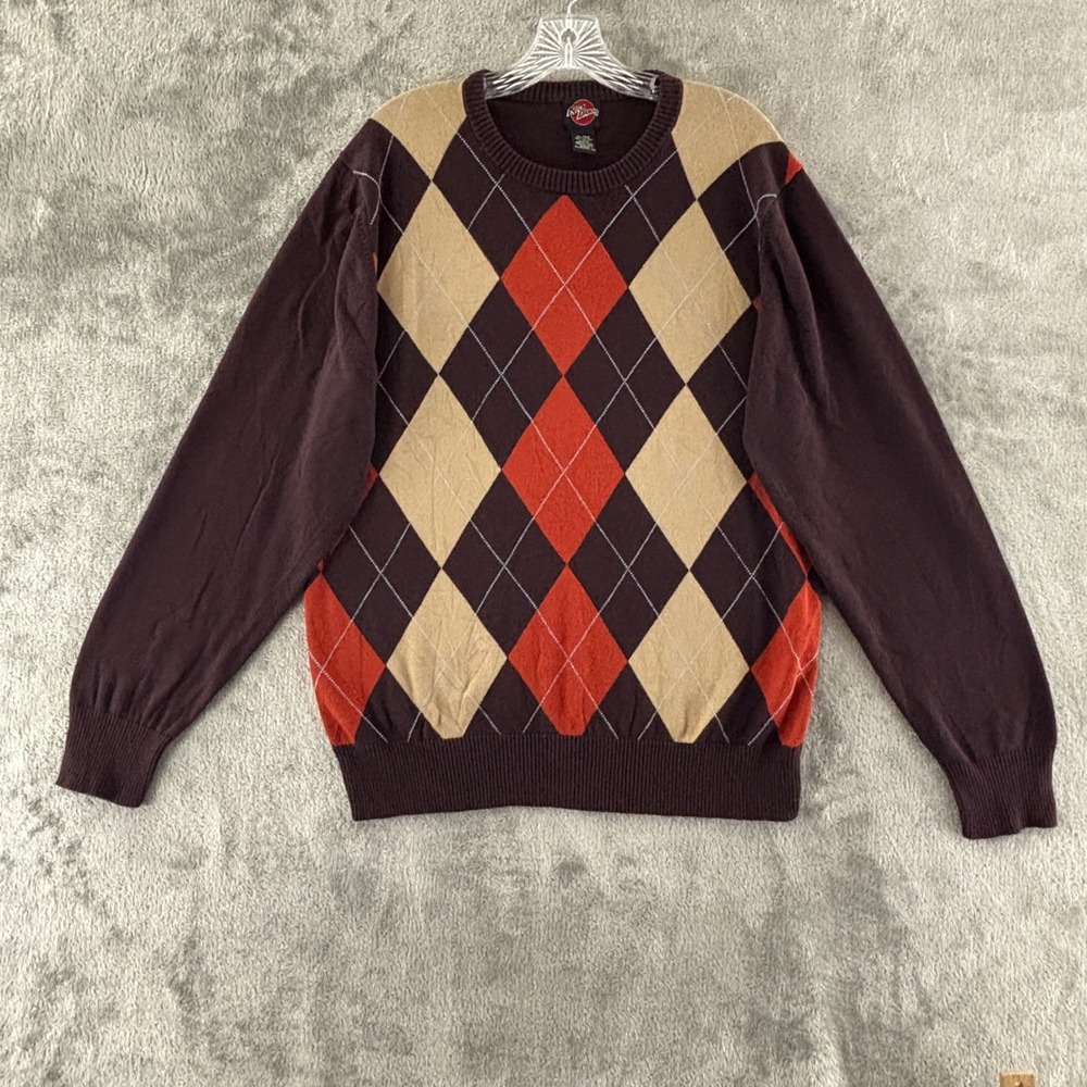 Nick Danger Argyle Sweater‎ Mens XL Crew Neck Brown Orange Diamond Pullover